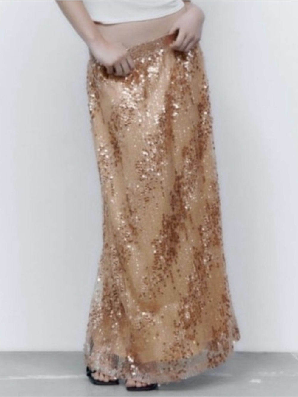 New Zara $119 Sequin Sparkly Gold Bronze Long Maxi Skirt Large 3920/107